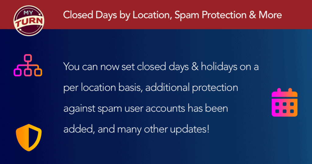 Closed Days by Location, Spam Protection & More You can now set closed days & holidays on a per location basis, additional protection against spam user accounts has been added, and many other updates!