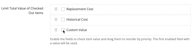 Shows reordering of fields and enabling the ones to use.