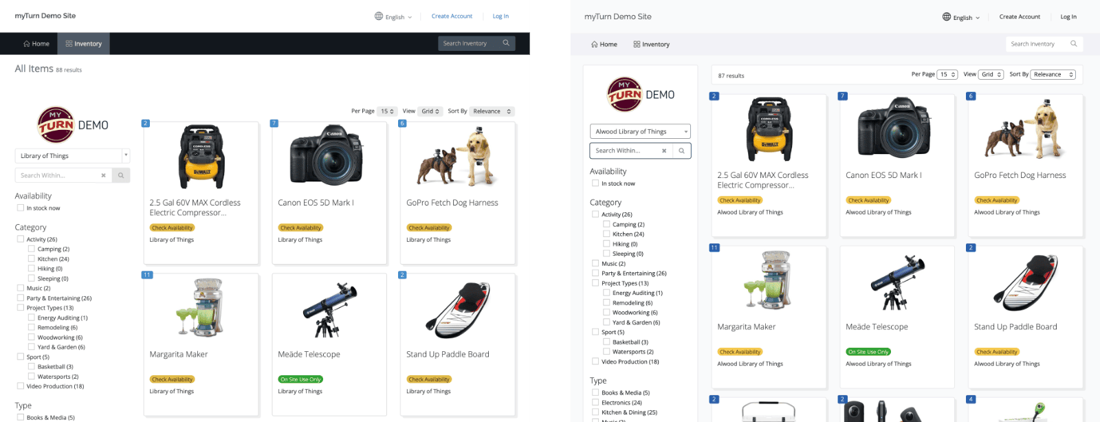 Side by side screenshots of the existing/old vs new WCAG compliant layout for the myTrun public site. The screenshot showsthe myTurn demo site with the Library of Things location selected and a card view of all items.